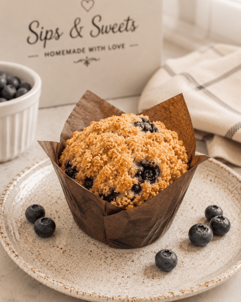 Large homemade blueberry muffin with golden crumb topping, fresh blueberries, and Sips & Sweets packaging.