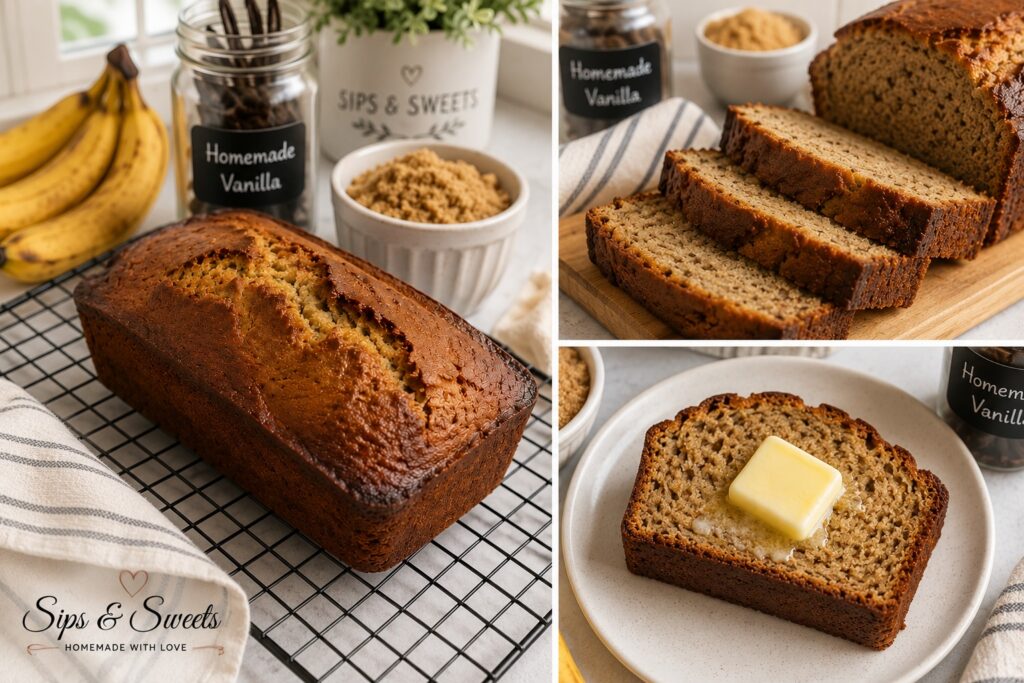 Homemade Sips & Sweets banana bread shown as a whole loaf, sliced, and served warm with butter.