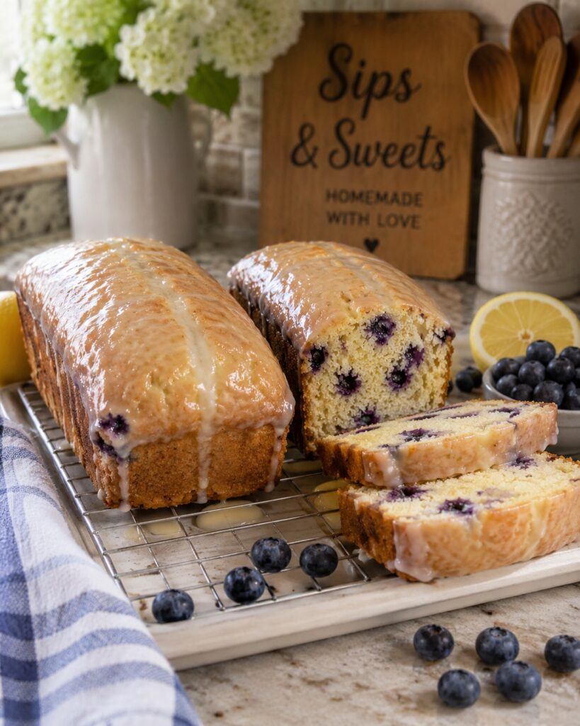 Homemade glazed lemon blueberry bread baked from scratch by Sips & Sweets.