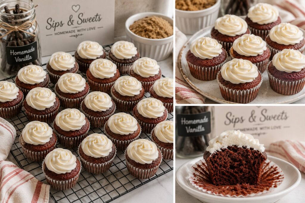 Homemade red velvet cupcakes without added food dyes, topped with creamy frosting and made in a cottage bakery kitchen.