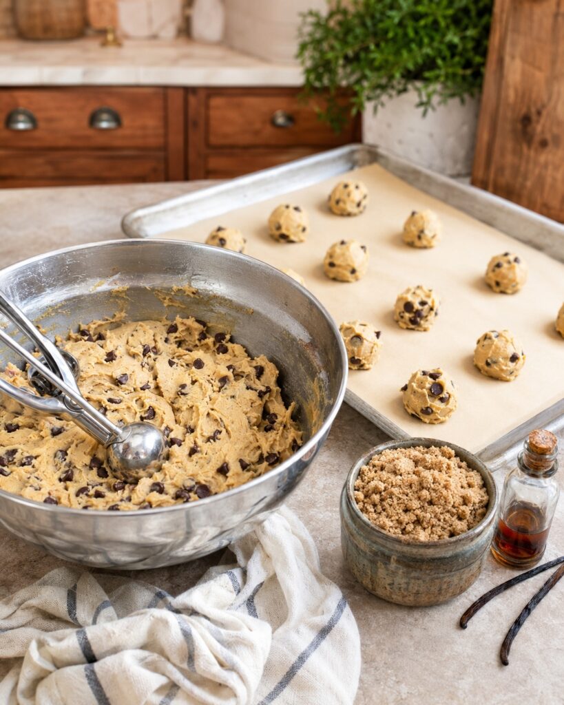 Baking chocolate chip cookies in the Sips & Sweets kitchen